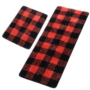 Microfiber Plaid Bathroom Rugs 2 Pcs Mats 17"x24" & 17"x47" Black & Red